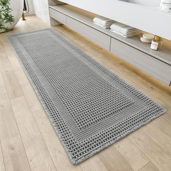 AMOAMI Waffle Bath-Mat, Absorbent Bath Mats for Bathroom Non Slip, Machine Washable Bathroom Rugs with Tassels Ultra Soft Boho Bath Rugs for Floor 2'x6'(24"x72") Grey