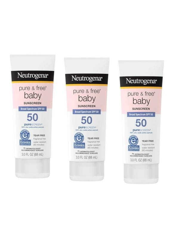 Neutrogena Pure & Free Baby Mineral Sunscreen Lotion with Broad Spectrum SPF 50 & Zinc Oxide, Water-Resistant, Hypoallergenic & Tear-Free Baby Sunscreen, Paraben-Free, Dye-Free, 3 fl. oz (Pack of 3)