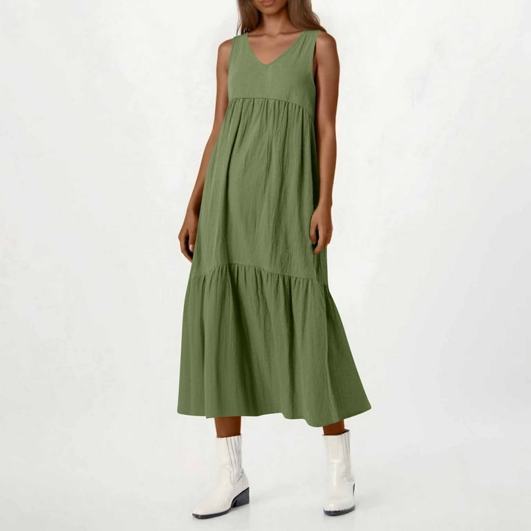 TrdSipl Plus Size Cotton Linen Maxi Dress for Women Flowy V Neck