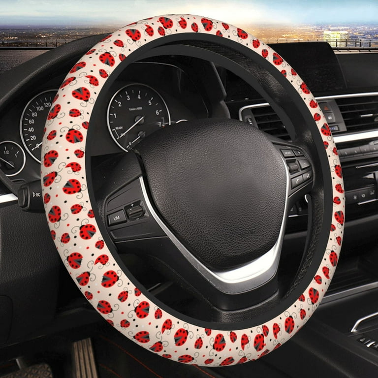 Haiem Red Ladybug Print Steering Wheel Cover 15 Inches for Women Men Neoprene Anti Slip Steering Wheel Grip Wrap Car Accessories Protective Case