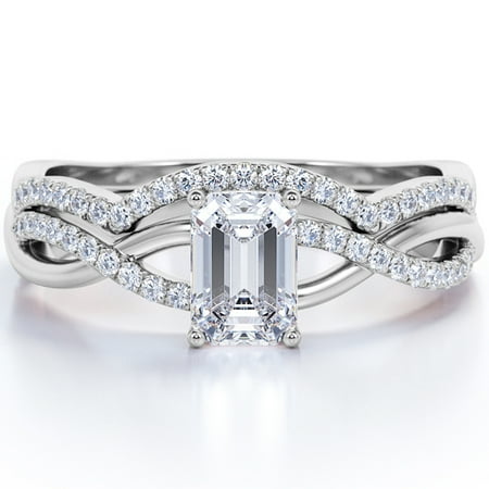 JeenMata North-South Prong 1.75 Carat Emerald Cut Moissanite Curved Band Crossover Pave Bridal Set In 18K White Gold Plating Over Silver