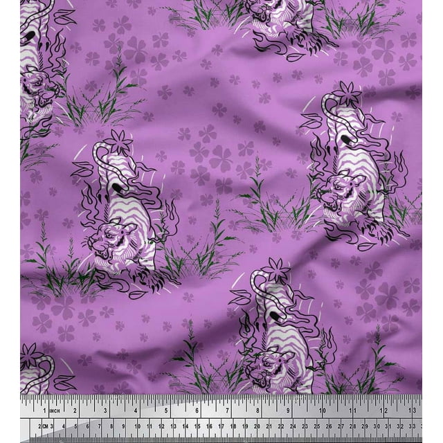 Soimoi polyester Crepe Fabric Clover Grass & Lion Animal Decor Fabric Printed Yard 52 Inch Wide