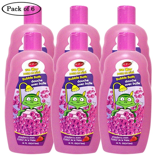 Kids Bubble Bath au Parfum de Fraise (473 ml) par Purest, Présenté comme un Lot de 6 Bouteilles. Chaque Bouteille Présente un design Ludique avec une Grenouille de Dessin Animé Entourée de Bulles Roses, Soulignant Son Attrait Amusant et Adapté aux Enfants. les Bouteilles Sont Roses avec des Capuchons Assortis, et l'Étiquette Met en Valeur le Parfum de Fraise, Texte Bilingue en Anglais et Français, et Sa Convenance comme Bubble Bath pour Enfants.