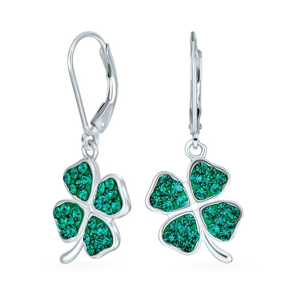 Bling Jewelry Womens Celtic Irish Good Luck Green Crystal Clover Dangle Earrings in Sterling Silver