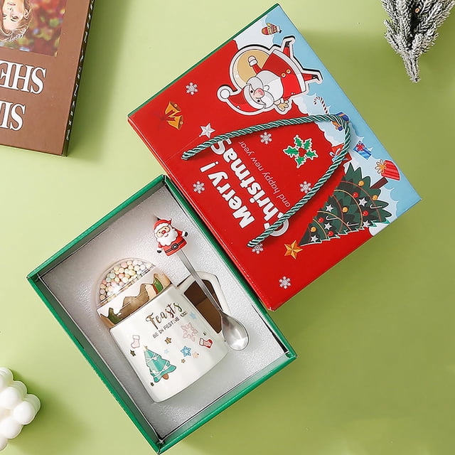 Fiudx Taza Navideña de Cerámica con Tapa y Cuchara, Diseño de Papá Noel, Ideal para Bebidas Calientes, Ideal para Regalar En Navidad, Ideal para La Oficina o El Hogar, Incluye Caja de Regalo.