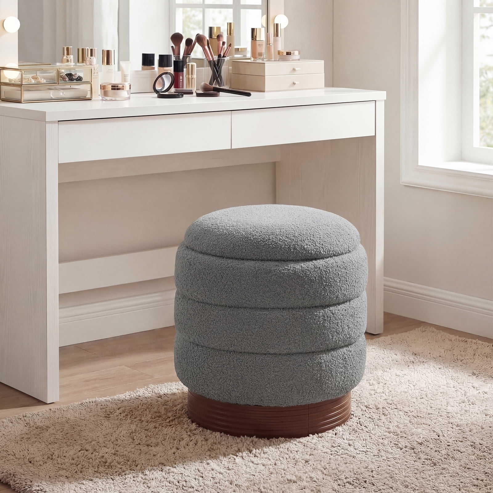 Costway 360° Swivel Boucle Foot Rest with Hidden Storage, 400 Lbs Weight Capacity Footstool Gray and Brown