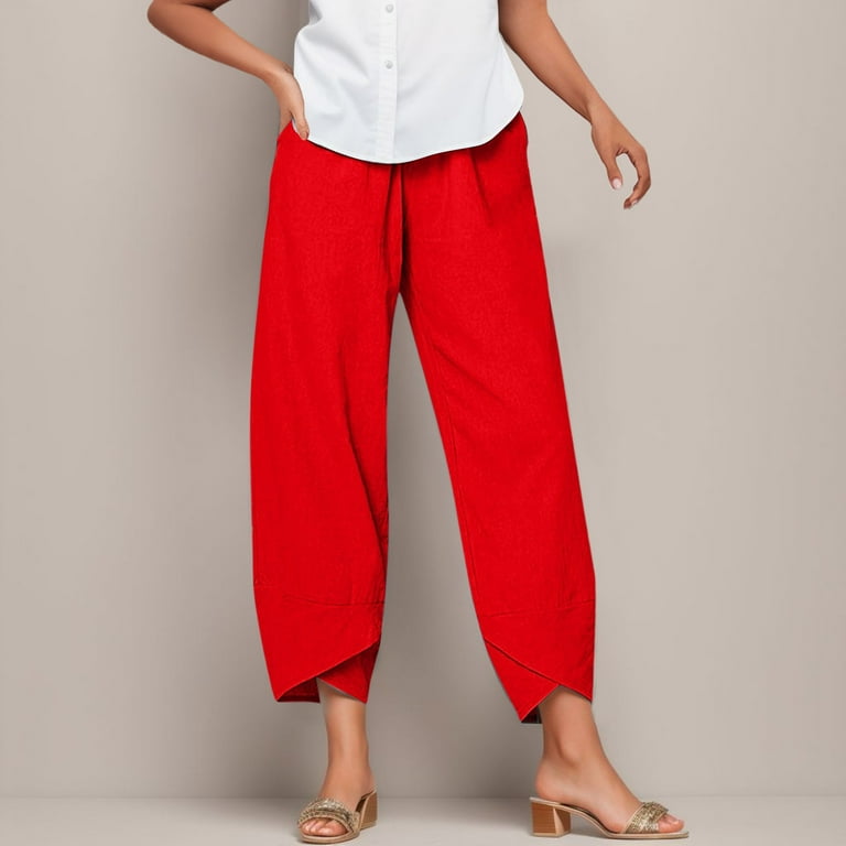 JIANJIA Linen Pants Women Summer Solid Color Elastic Waist Pockets
