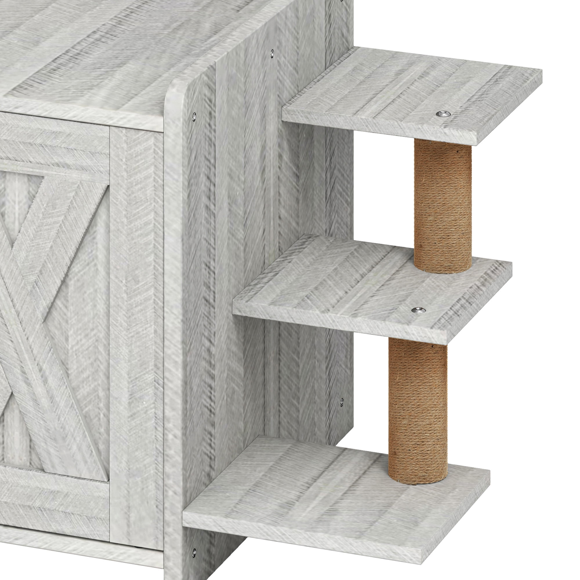 Uforic 27" Cat Litter Box Enclosure, Wooden Cat House Furniture with Scratching Posts & Plush Cushion, Gray