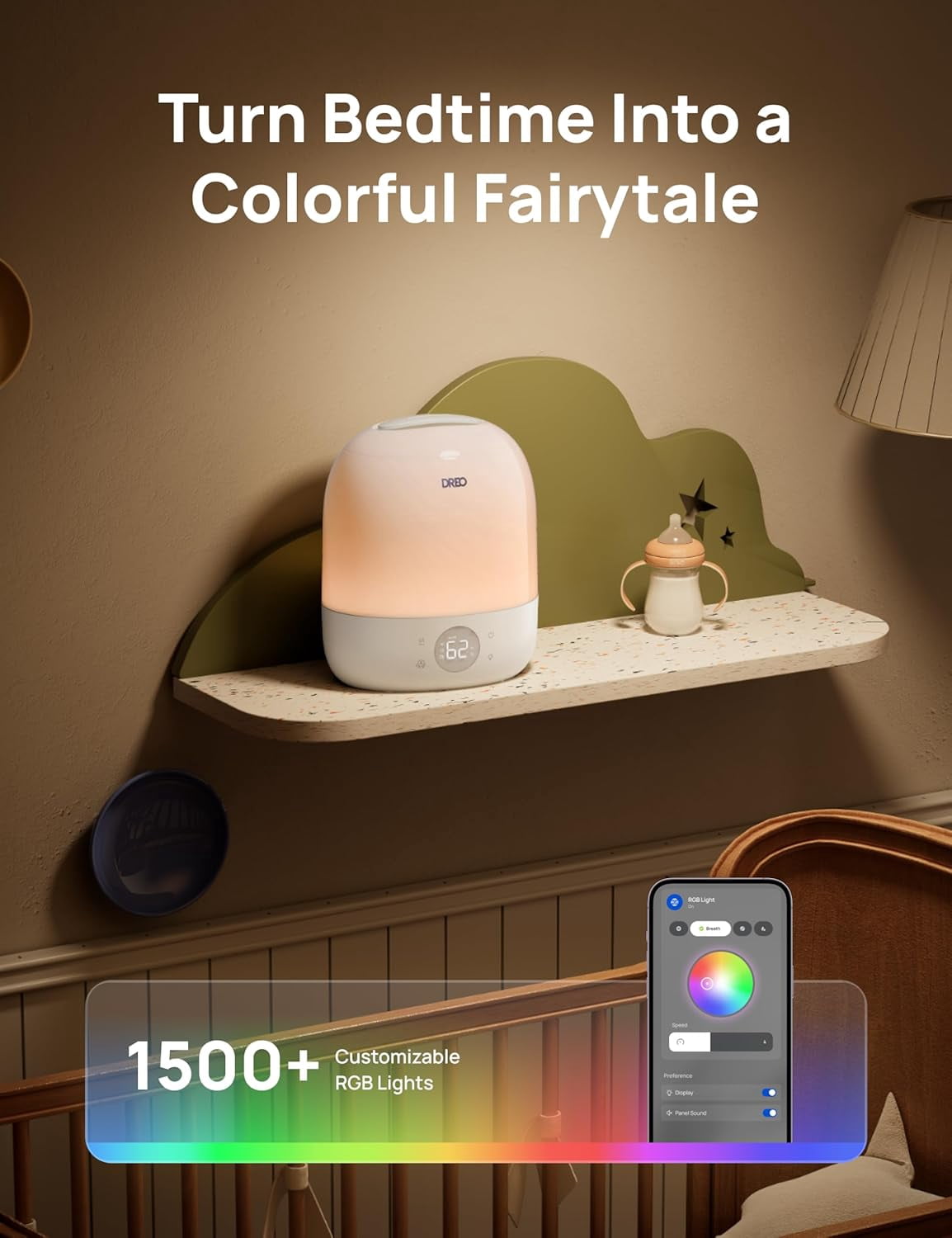 DREO Smart Humidifiers for Bedroom Baby HM409S, 1500+ RGB Night Light & Sleep Routine Trainer, Ultra Quiet 28dB & 3L Top Fill Cool Mist Humidifier for Nursery, Air humidifier for Plants Indoor