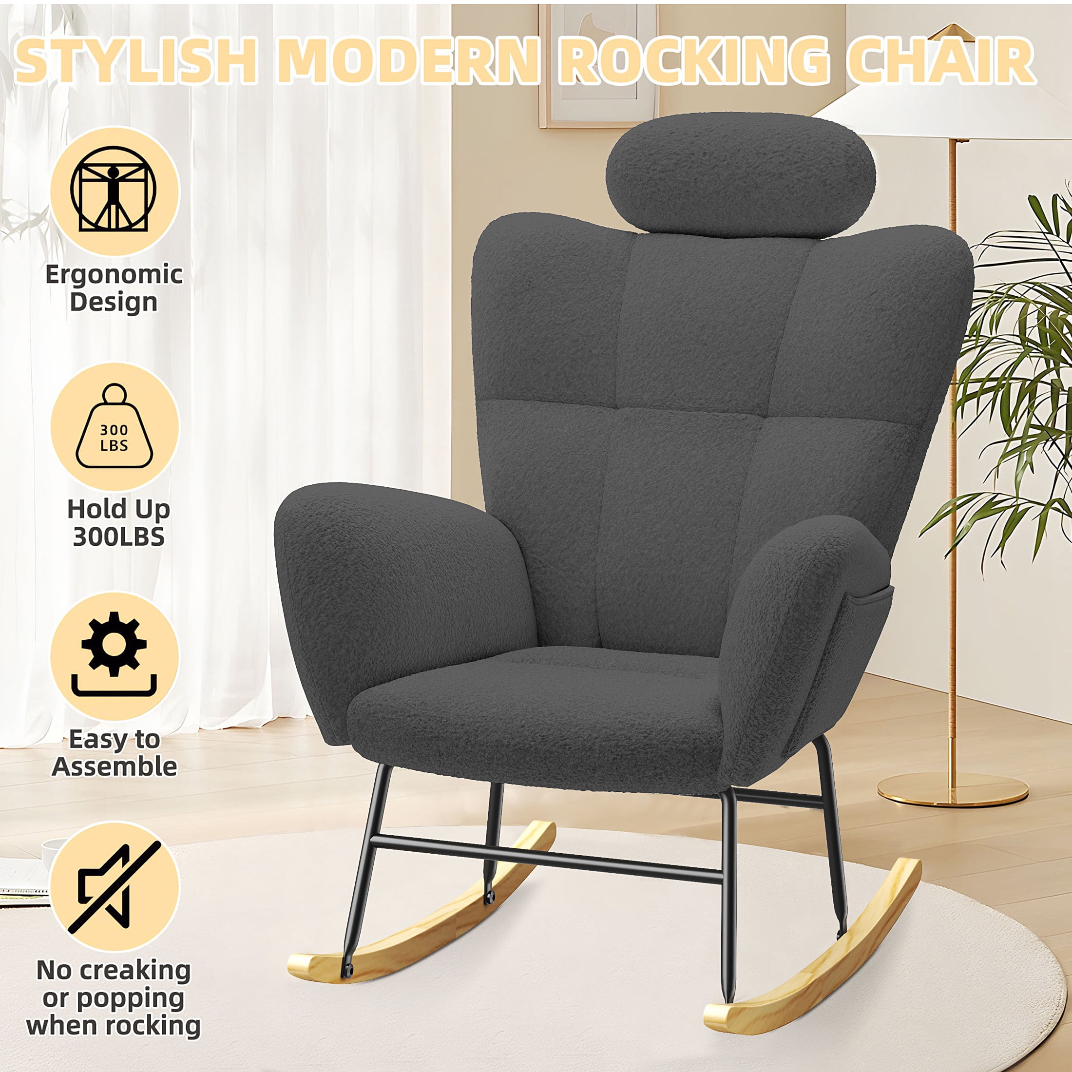 UHOMEPRO Modern Teddy Fabric Rocking Chair, Accent Rocker Chair with High Backrest, Accent Glider Rocker for Living Room Bedroom Playroom, Gray