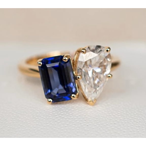 Jewelerix Minimalist Blue Emerald Cut Wedding Ring 10K Yellow Gold Vermeil Engagement Ring Pear Cut Moissanite Elegant DesignJewelry Ring for Women