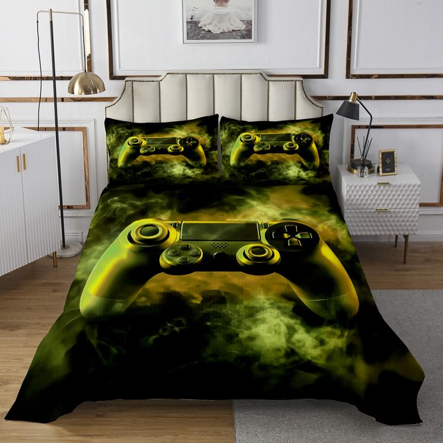 Erosebridal Black Yellow Green Gamepad Print Coverlet Set Queen, Gamer Bedding Set, Gaming Room Decor 3 Pieces