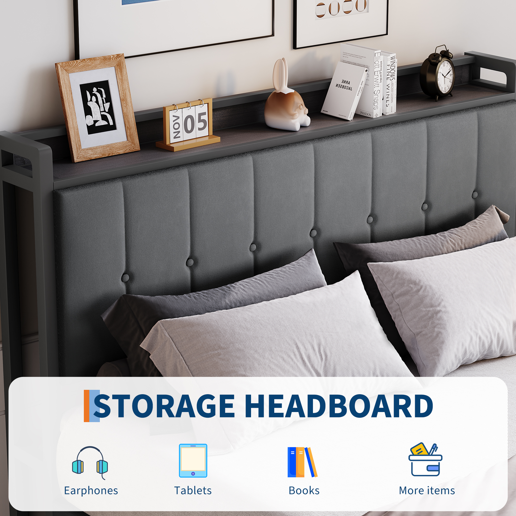 Queen Lift Up Storage Bed Frame,Upholstered Platform Bed with Storage Headboard,Hydrualic Underneath Storage,No Box Spring Needed,Easy Assembly
