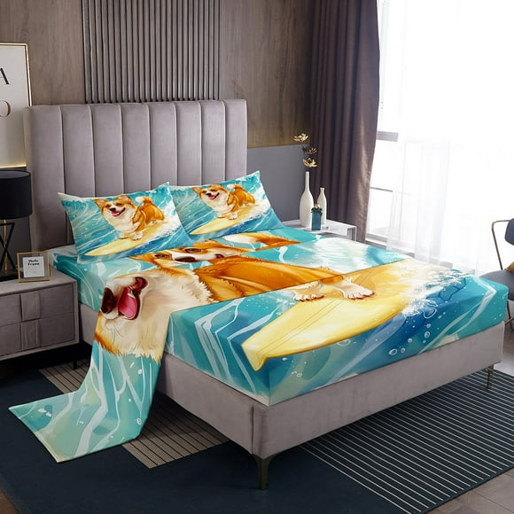 Erosebridal Yellow Corgi Bed Sheets Set Queen Size,Ocean Surfing Bedding Sets Queen Size,Kawaii Cartoon Bed Sheets Queen,Breathable Animal Bedroom Decorative,4 Pieces