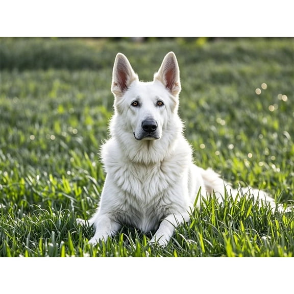 White German Shepherd Grassland Diamond Painting DIY Kits 5D Diamond Art Full Round Drill Rhinestones Crystal by Number Embroidery Arts and Crafts for Living Room Bedroom Home Wall Decor 12x16 inch