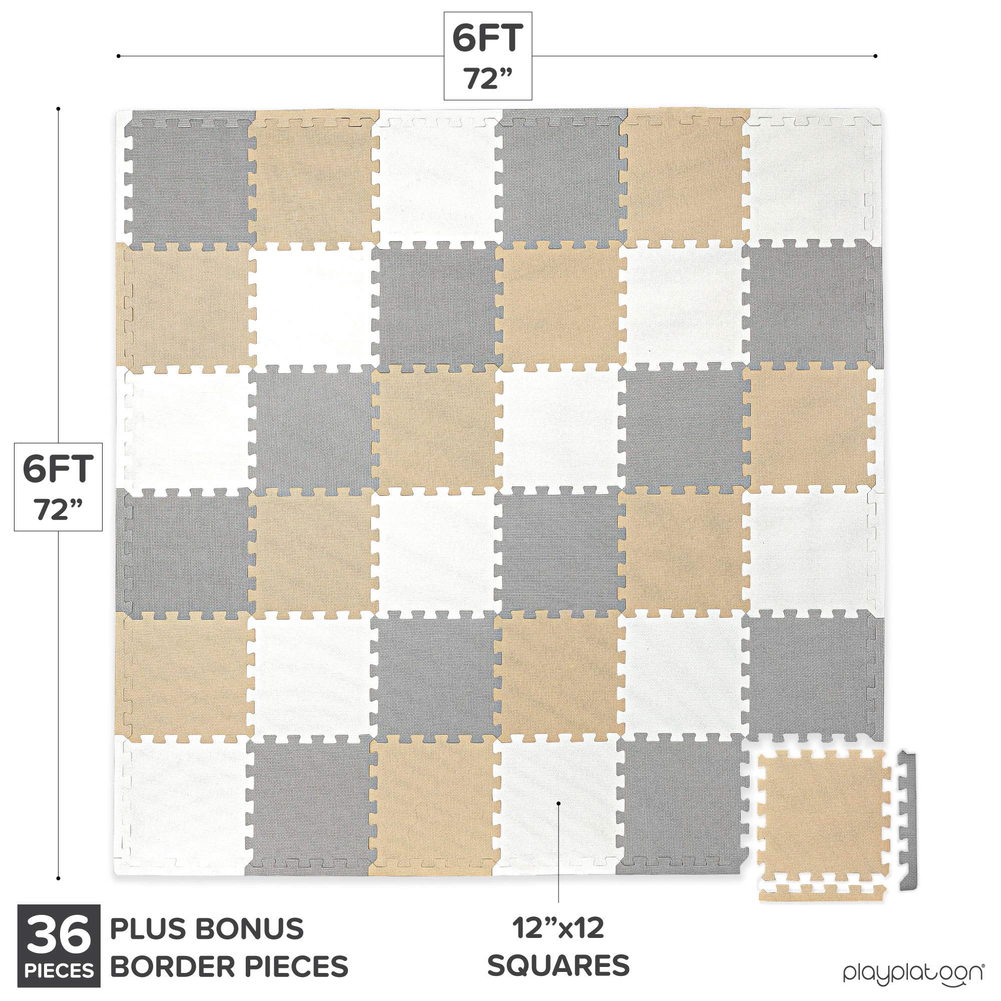 Play Platoon Non-Toxic Foam Puzzle Floor Mat, Comfortable, Extra Thick, Cushiony Exercise and Play Mat for Toddlers, Kids & Adults, 36 Tiles (12"x12"), Warm Grey/Cream/Sand