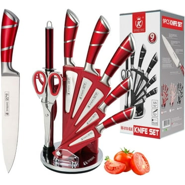 Kitchen Knife Set, 9-Pieces Red Coated Knife Block Set, Stainless Steel Chef knife Set with Sharpener Peeler Scissors, Sharp Non-Stick Knives Set with Rotatable Holder for Cutting Slicing Dicing