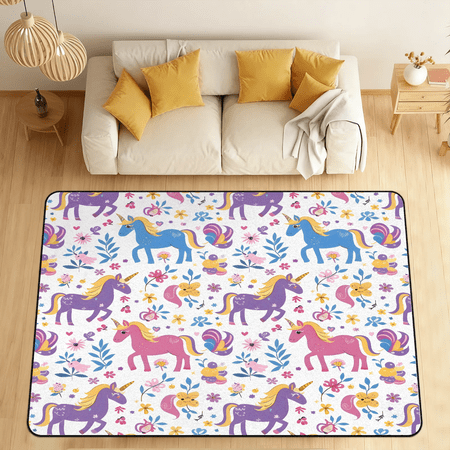 CURLYOOT Unicorn Area Rugs 5 x7  Washable Rug Large Living Room Rug Non Slip Unicorn Flower Indoor Floor Carpet for Dining Room Bedroom Home