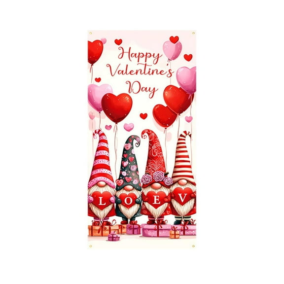 Beautynvta Valentine's Day Door Cover, 35x72 Inch, Gnome Couple Door Banner with Hearts Design, Romantic Decoration for Front Door Valentines Backdrop Door Hanging Decor