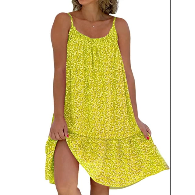 Bellella Robe Courte Mini pour Femmes Imprimé Floral Robe d'Été Sans Manches Col Rond Ample Fête Jaune S