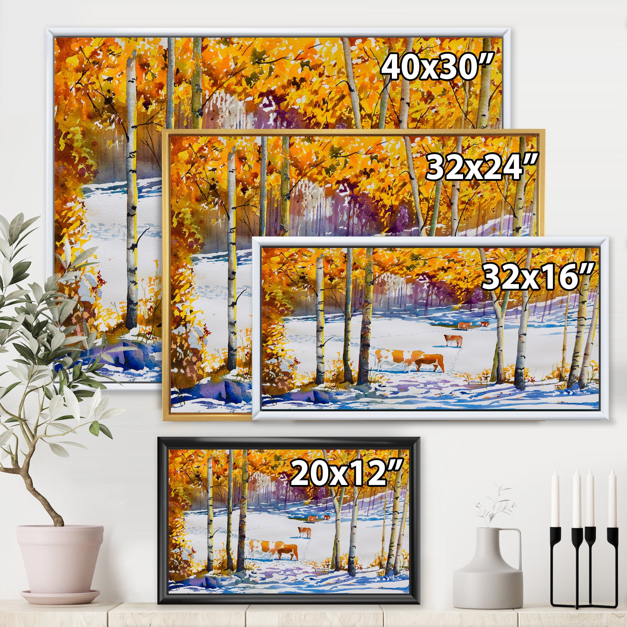 Designart 'Cattles In The Early Snow In The Tree Forest' Farmhouse Framed Canvas Wall Art Print