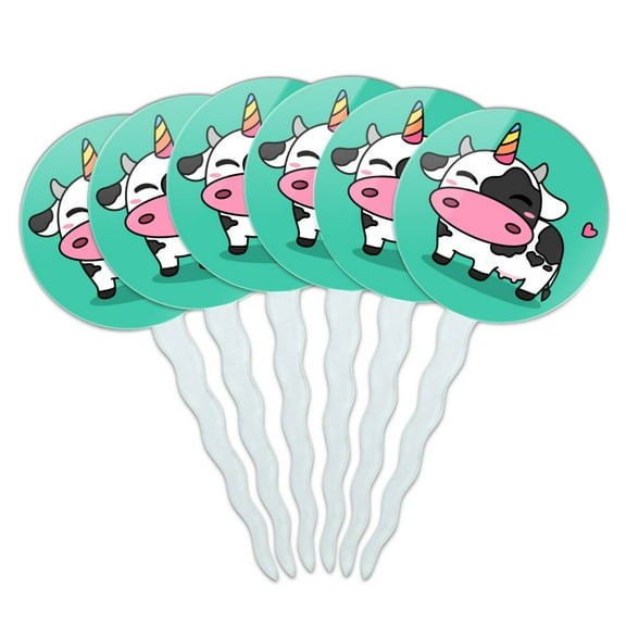 Cute Kawaii Unicorn Cow Cupcake Picks Toppers Decoration Set of 6