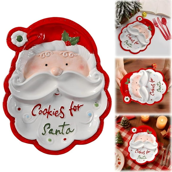 Tableware Set,Hand Painted 3D Santa Ceramic Serving Tray 11.8"x11.6" Christmas Themed Dish For Desserts & Holiday Decor