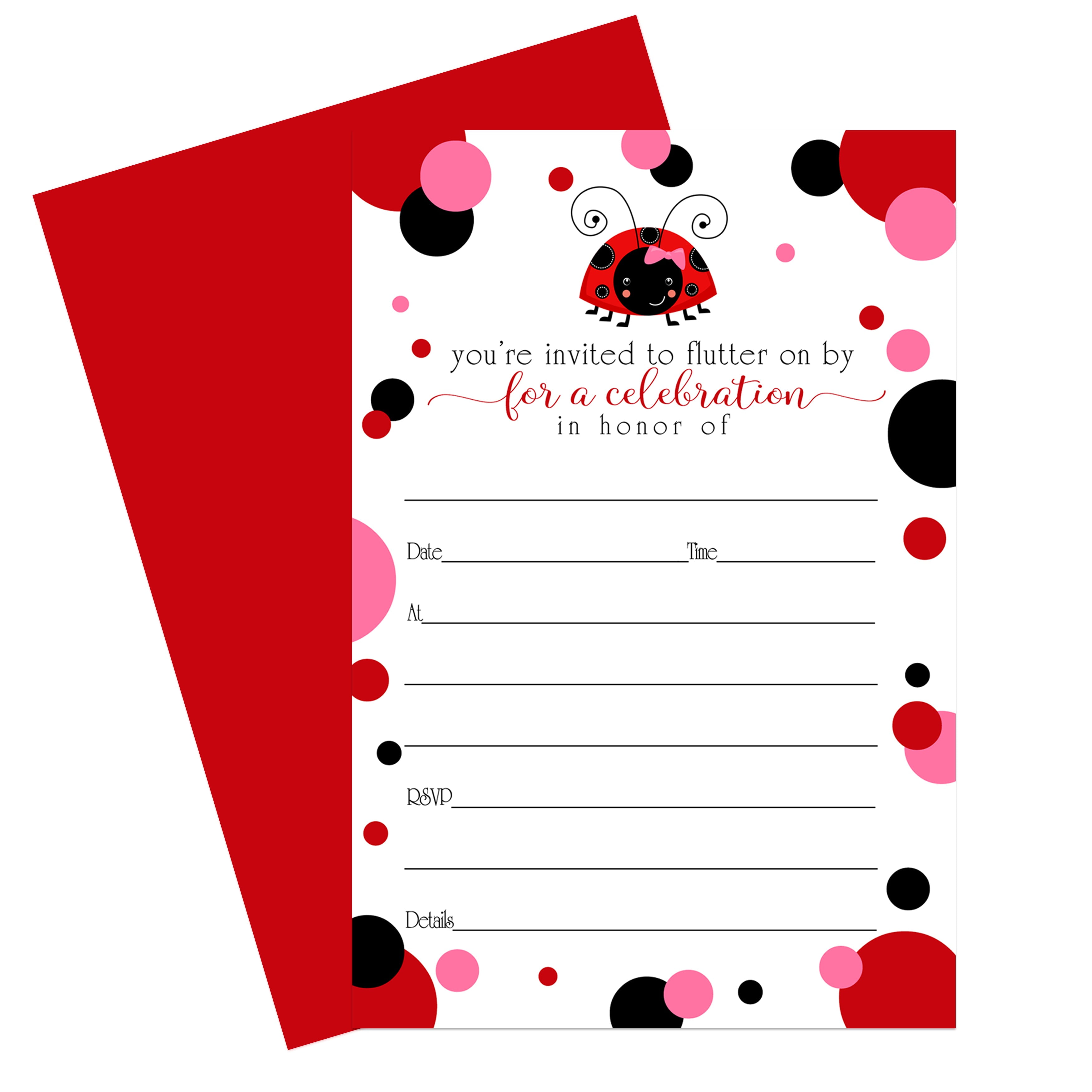Ladybug Invitations and Envelope Pack of 15 - Blank Invites for Girls Baby Shower, Little Lady Birthday Flutter on By Event Designs Red Pink Black - 4x6 Size Cards Printed DIY - Paper Clever Party