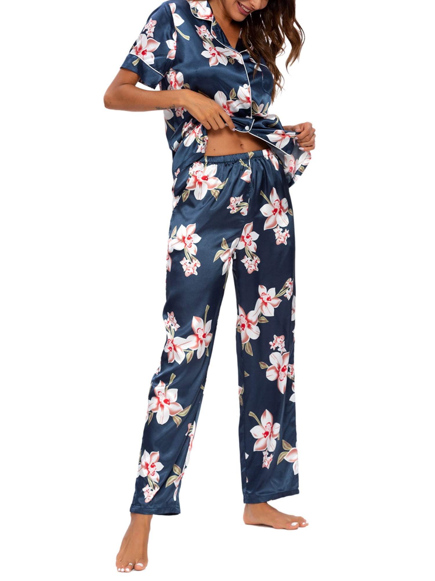 Unique Bargains Women's 2pcs Floral Button Down Pajama Set Nightwear Sleepwear Sets