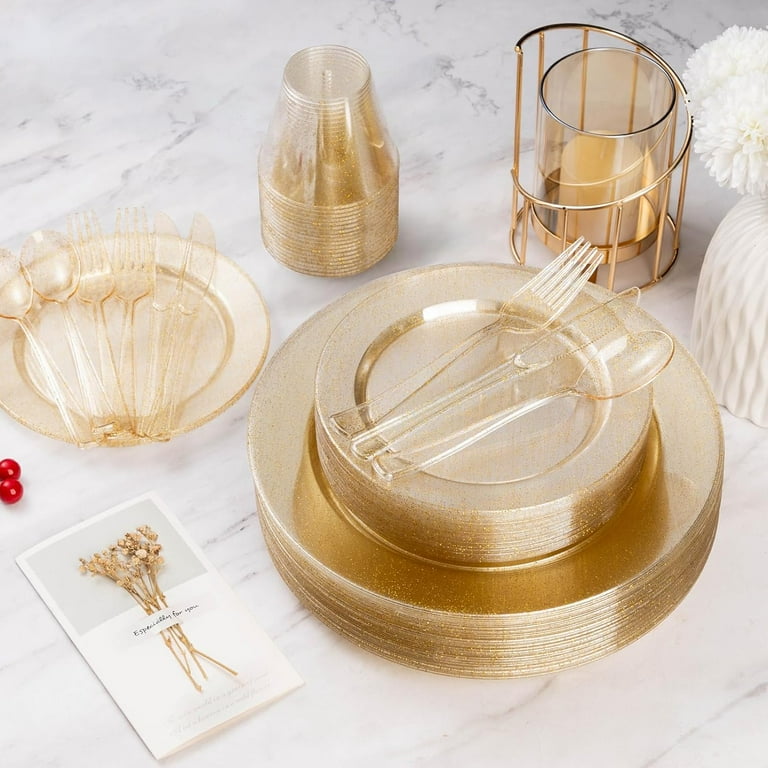 Gold Plastic Plates, Heavy Duty Disposable Gold Plates with 100