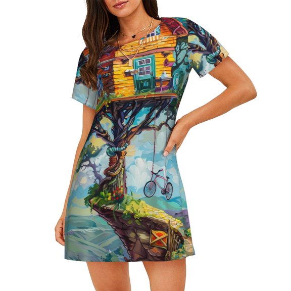 Tebeau Whimsical Treehouse Painting Print Women's Loose Short Sleeve Nightgown, Soft Sleep Dress for Comfort and Relaxation, Casual Lounge Wear