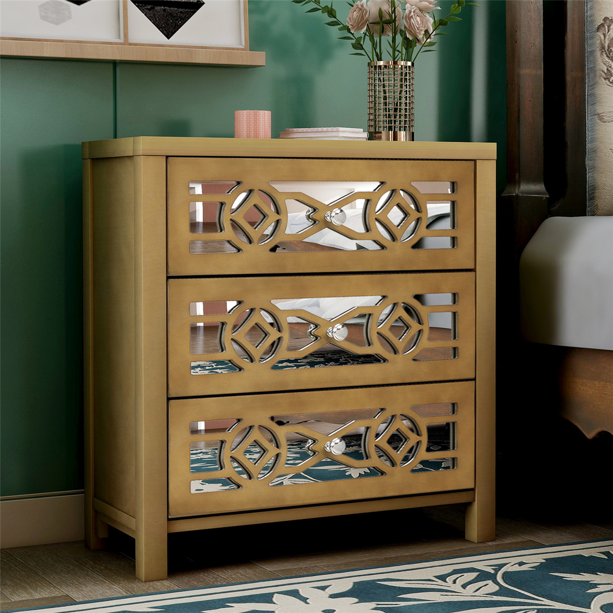 Bedside Table, Storage with 3 Drawers and Decorative Mirror