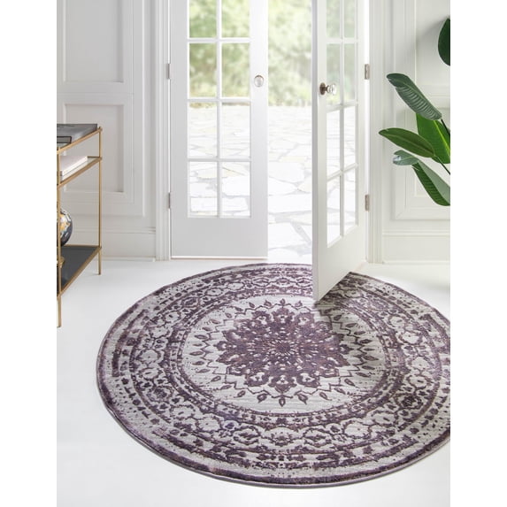 Rugs.com Derbyshire Collection Rug – 4 Ft Round Violet Medium Rug Perfect For Kitchens, Dining Rooms