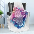 thumbnail image 4 of Evil Eye Soft Flannel Fleece Throw Blanket, Ornate White Hand Drawn Hamsa on Watercolor Splashes Energetic Print, Cozy Plush for Indoor and Outdoor Use, 50" x 70", Pink Blue White, by Ambesonne, 4 of 5