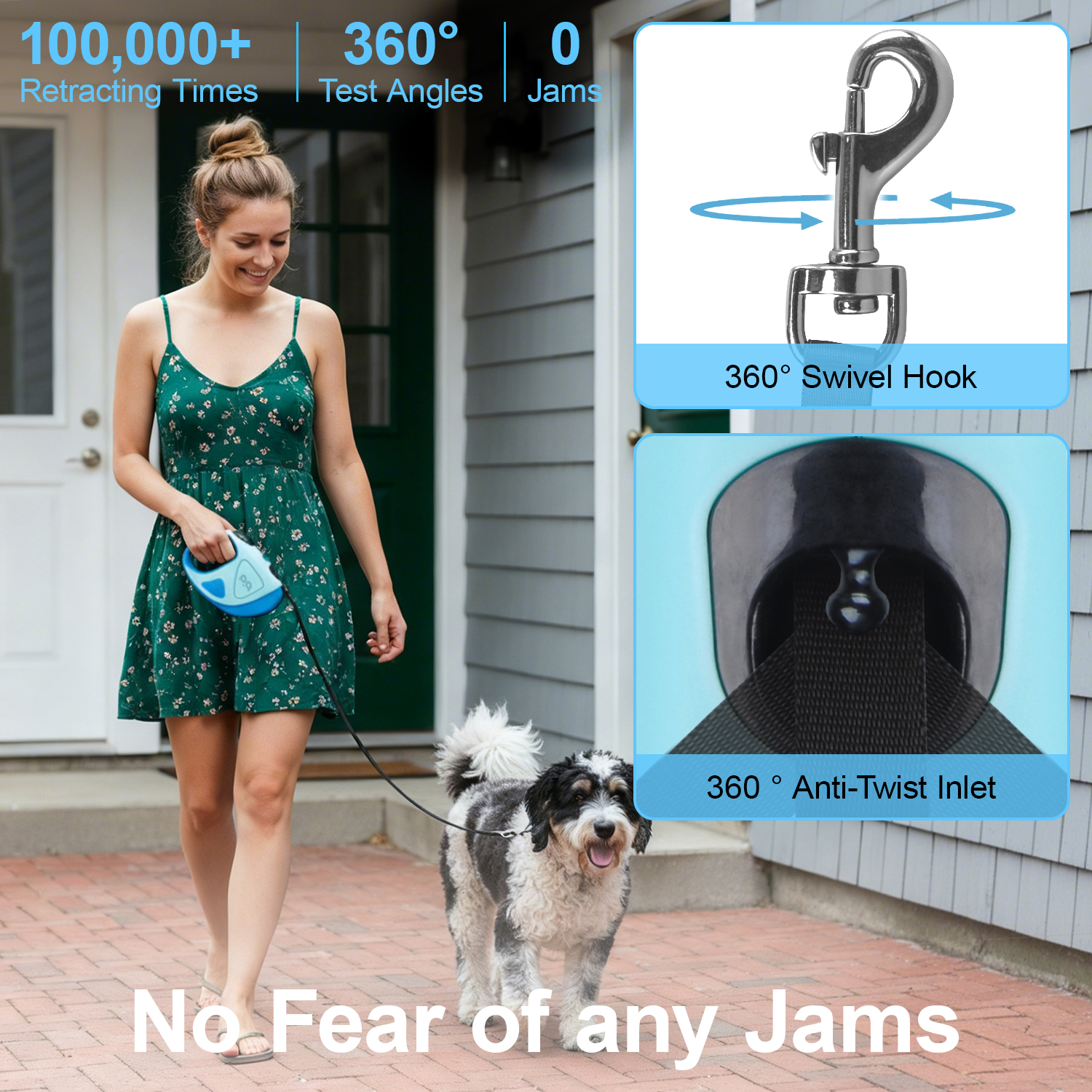 HOOTEK Retractable Dog Leash with LED Light, 16ft Heavy Duty Dog Leash with Anti-Slip Handle and 360° anti-tangling, One Button Brake & Lock Dog Leash for Small/Medium/Large Dogs Up to 50lbs, Blue