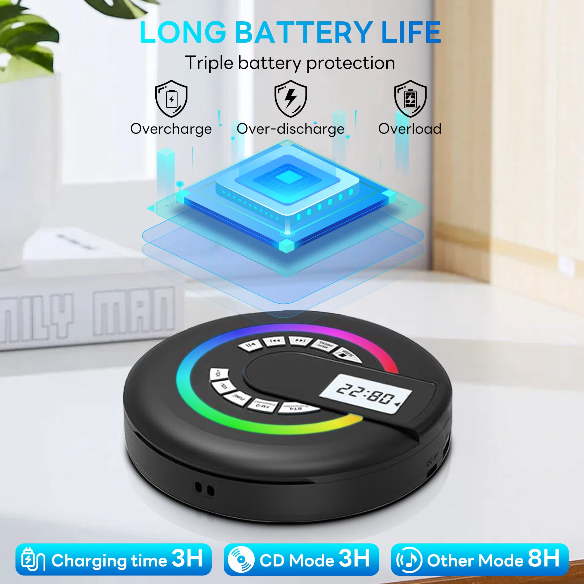 INSMART Portable CD Player with Bluetooth, 2000mAh Rechargeable, LCD Display, Personal CD Player with Stereo Speakers for Car, Home, Travel