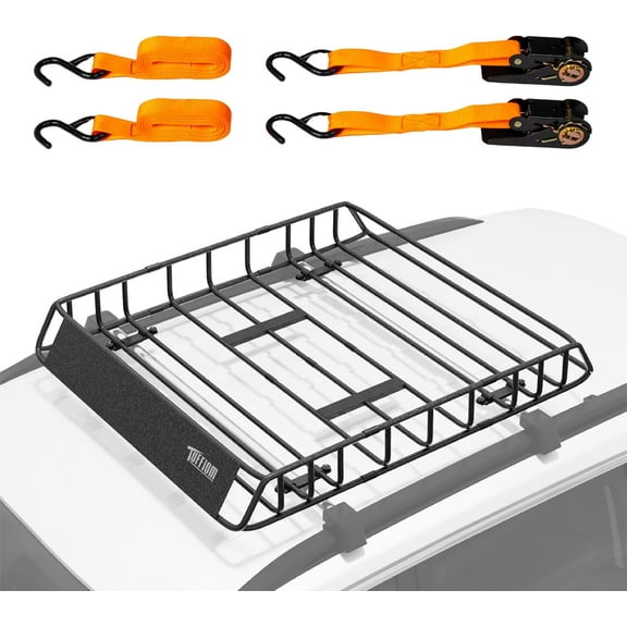 TUFFIOM 46"x 36"x 6" Universal Rooftop Cargo Carrier Basket, Heavy Duty Steel Roof Rack Basket w/4 Straps with Hook, Car Top Rack Luggage Holder Carrier for SUV Car Truck Van