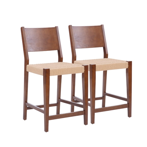 Powell Crawford 24" Indoor Wood Counter Stool with Handwoven Rope Seat, Set of 2, Brown/Natural