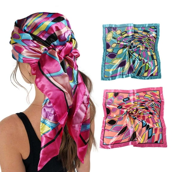 2 Pack 35 Inch Silk Head Scarf Large Square Neck Scarf Sleeping Hair Wrapping Satin Bandana for Women