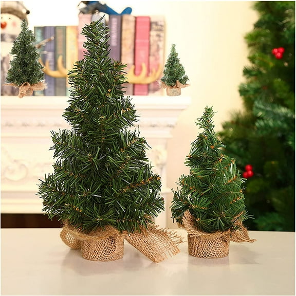 Mini Christmas Tree Artificial Mini Xmas Pine Tree Miniature Pine Christmas Tree with Linen Base for Christmas Decorations Indoor Home Kitchen Dining Table