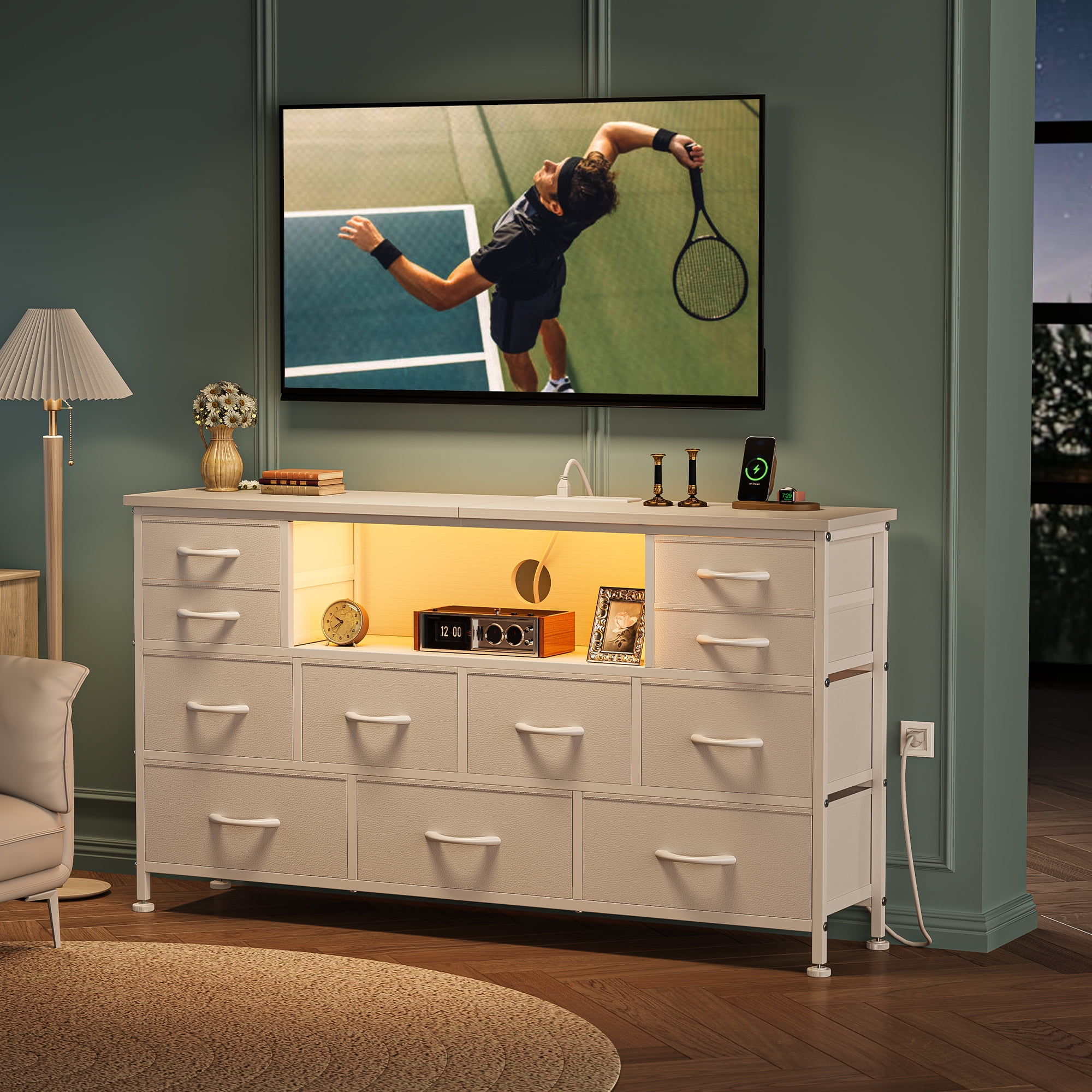 GIKPAL Dresser for Bedroom with LED Lights, White Dresser TV Stands for 55 60 inch TV with 11 Drawers and Power Outlets, Fabric Chest of Drawers for Bedroom Furniture, Living Room, Adults, All_age  (图2)