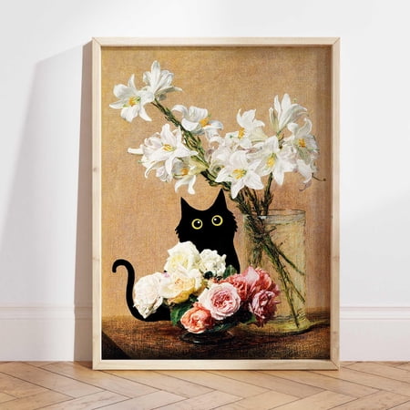 Black Cat Henri Fantin Roses and Lilies Floral Wall Decor, Unframed Paper Poster 11x14in
