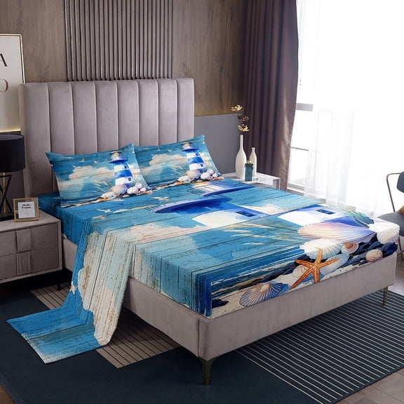 Erosebridal Beach Lighthouse Sheet Set Queen, Starfish Seashell Bedding Sets Queen Size, Wooden Plank Decor