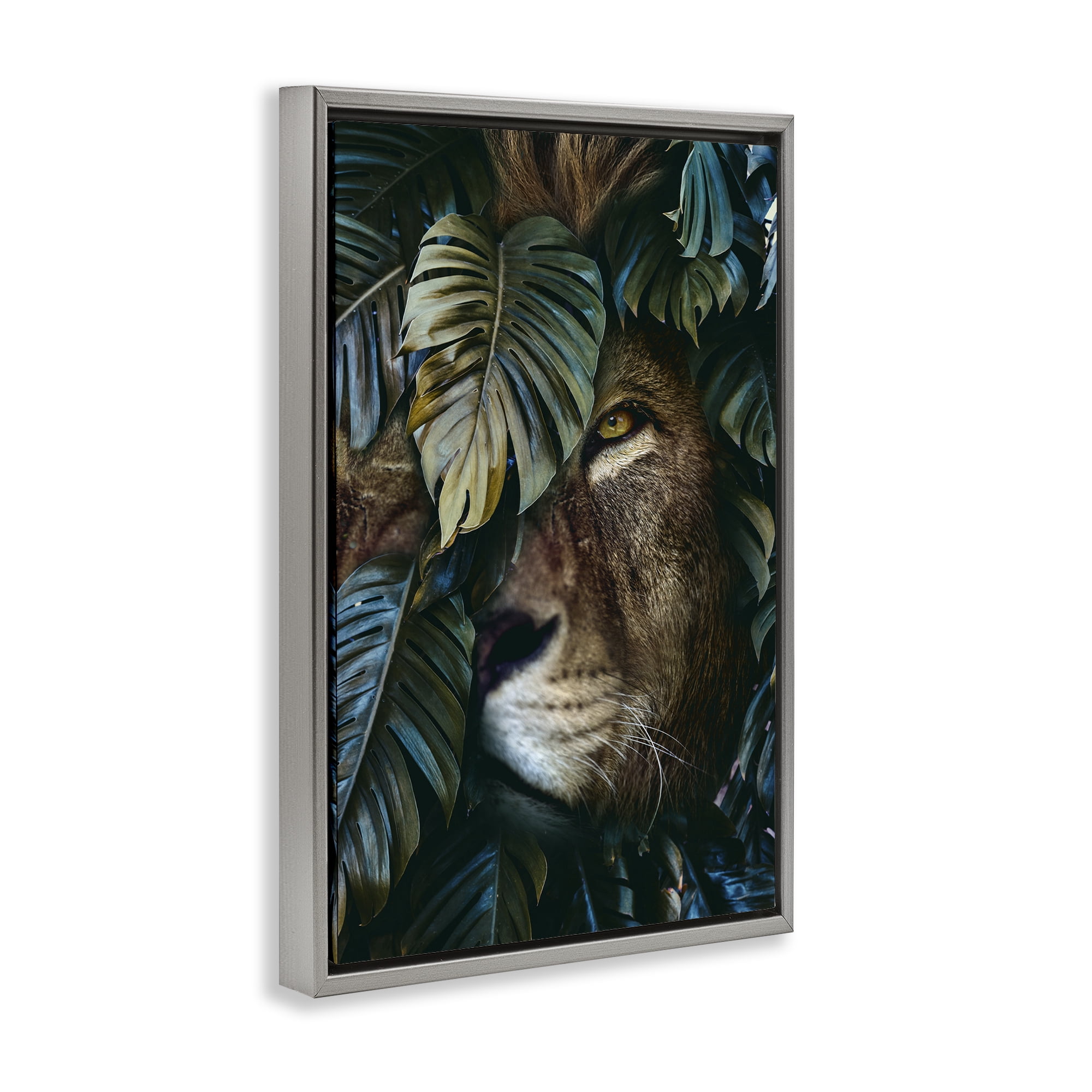Stupell Industries Lion Peering Monstera Leaves Plants & Flowers Painting Gray Floater Framed Canvas Art Print Wall Art, 21 x 31