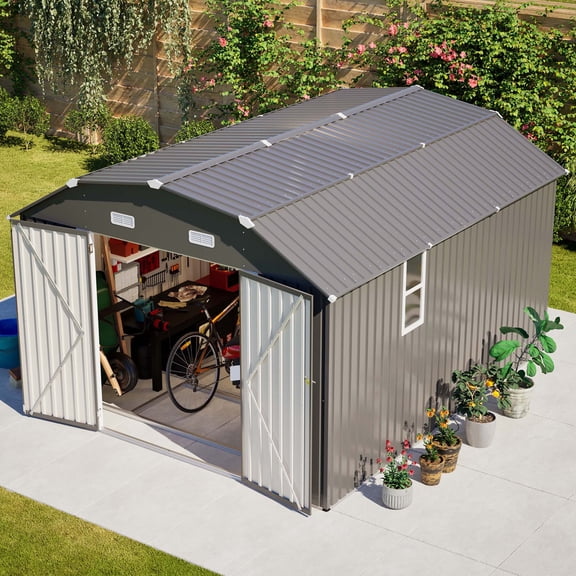 LZBEITEM 10' x 12' Metal Outdoor Storage Shed with Floor Frame Kit, Tool Shed Heavy Duty with Window and Lockable Door for Garden Backyard, 10.24 Psf
