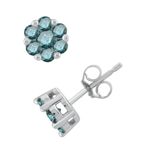 1 Carat Blue Diamond Cluster Stud Earrings in 925 Sterling Silver