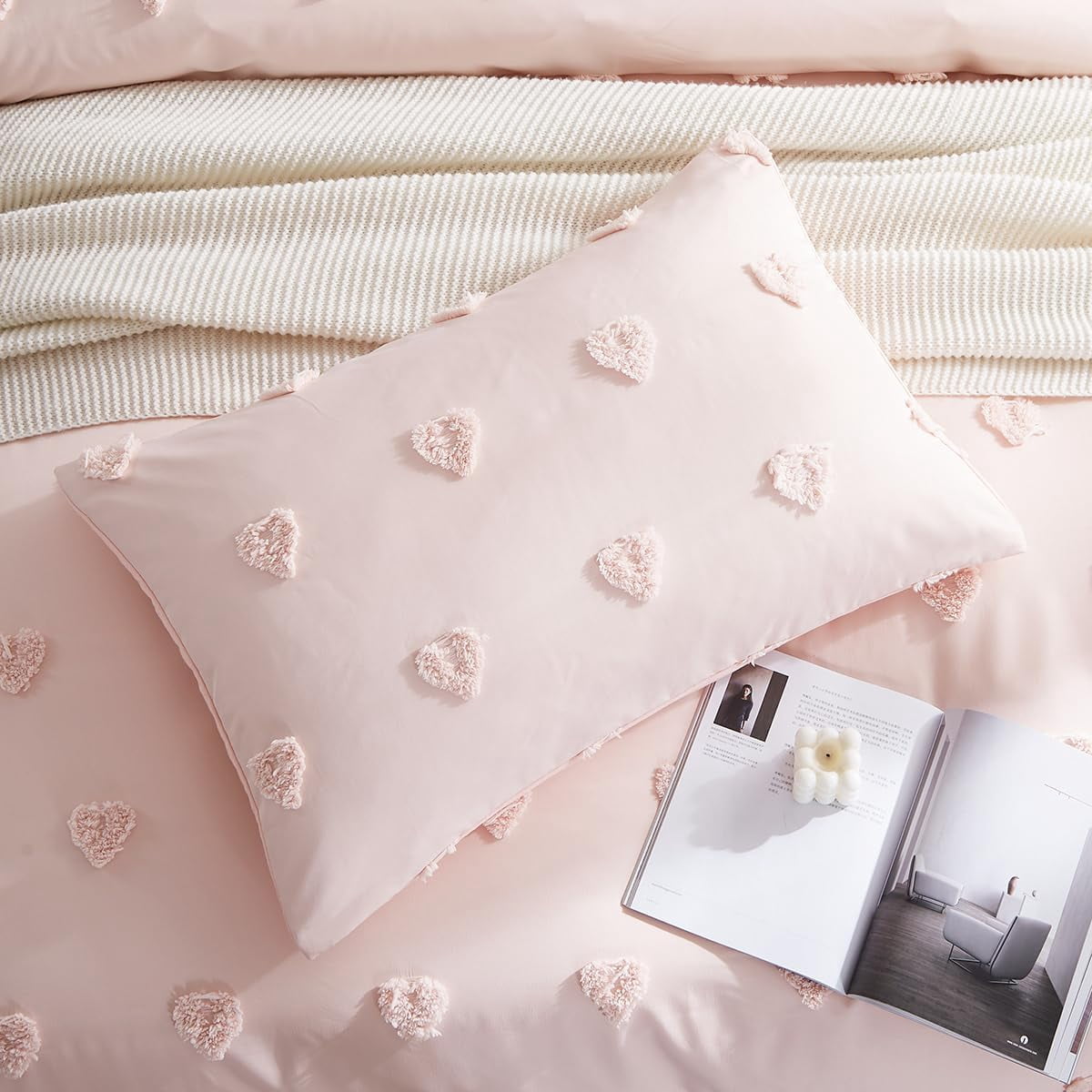 JOLUSERE Pink Tufted Heart Dot Duvet Cover Queen Set, 3 Pieces Ultra Soft Jacquard Embroidery Shabby Chic Bedding Set for All Season