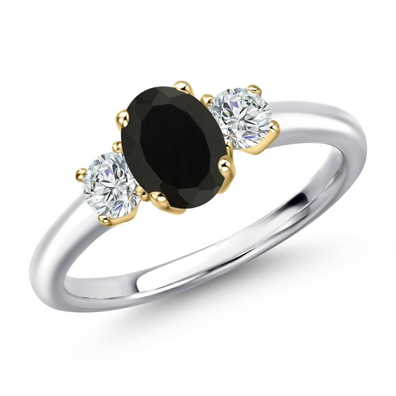 Gem Stone King 10K Two Tone Gold Black Onyx and Lab Grown Diamond Engagement Ring for Women | 1.04 Cttw | Oval 7X5MM | Gemstone December Birthstone | Size 5