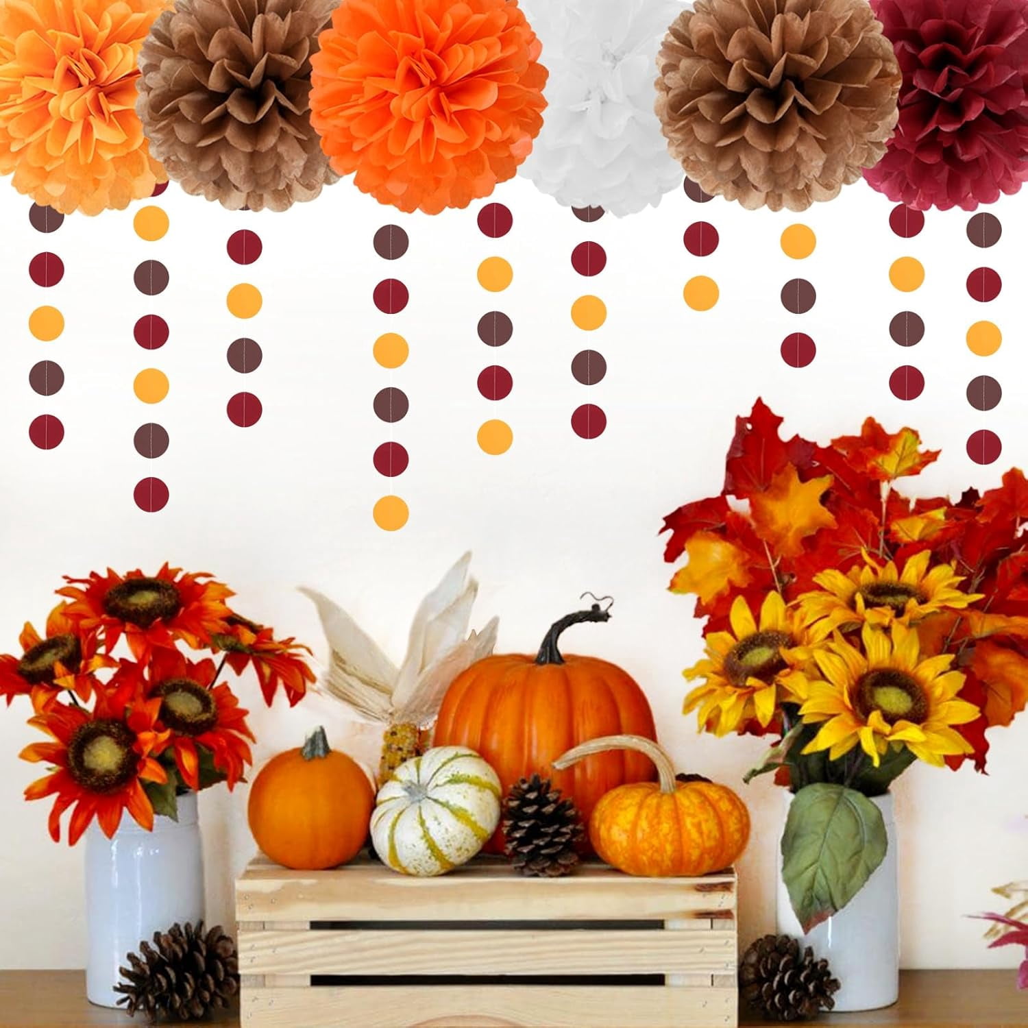 NestE-Brown Burgundy-Orange Party-Decorations Paper-Flowers Lanterns - 15PCS Fall Boho Tissue Pom Poms Streamers,Baby Bridal Shower Rustic Wedding Neutral Birthday Coffee Halloween ThanksgivingDecor