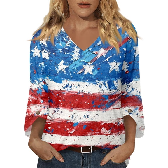 250 Anniversary American Flag 3/4 Sleeve V Neck Tops for Women 4th of July Independence Memorial Day Baggy Tee Summer Patriotic Tops
